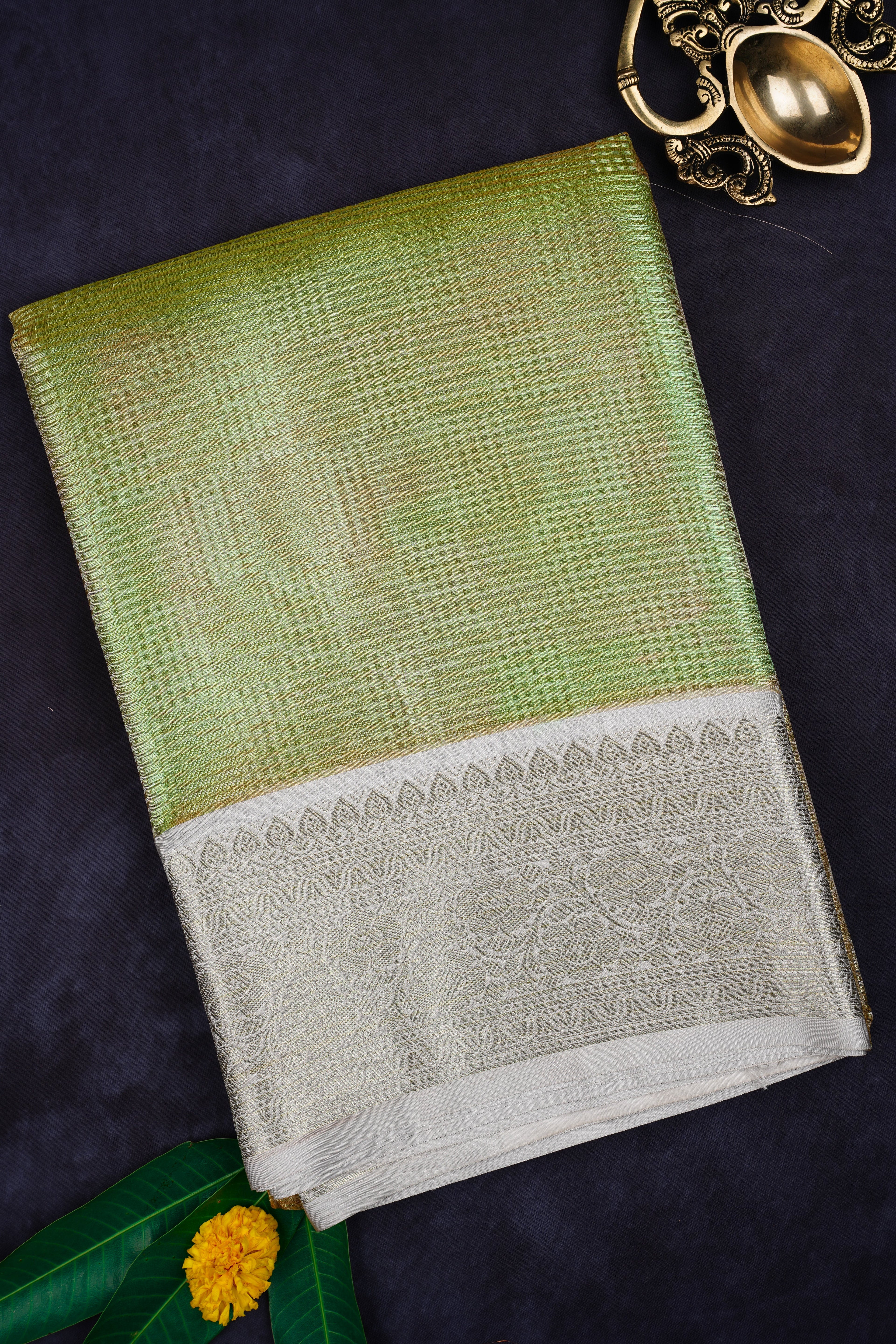 Green and grey semi zari kota saree