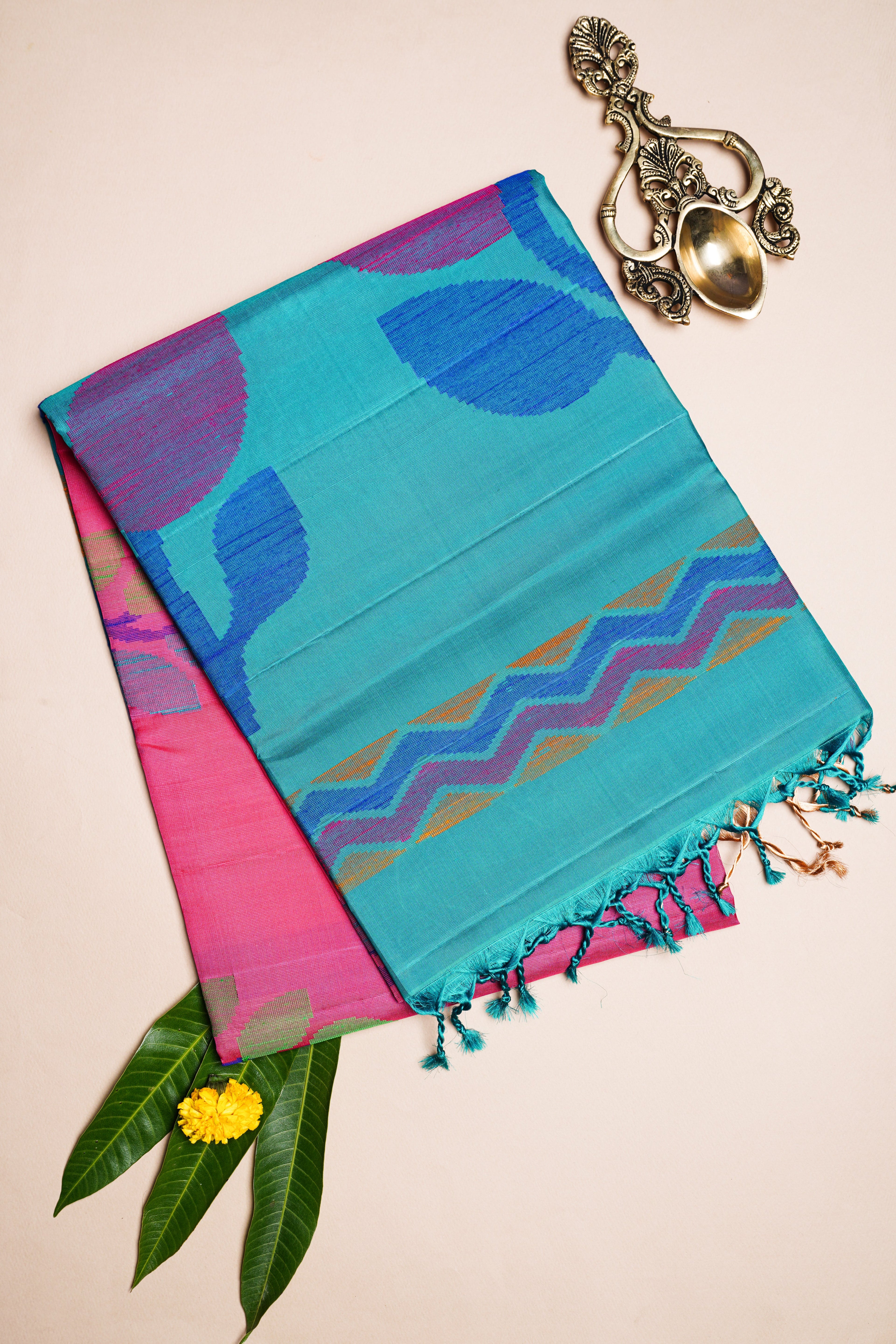 Pink and turquoise soft silk saree