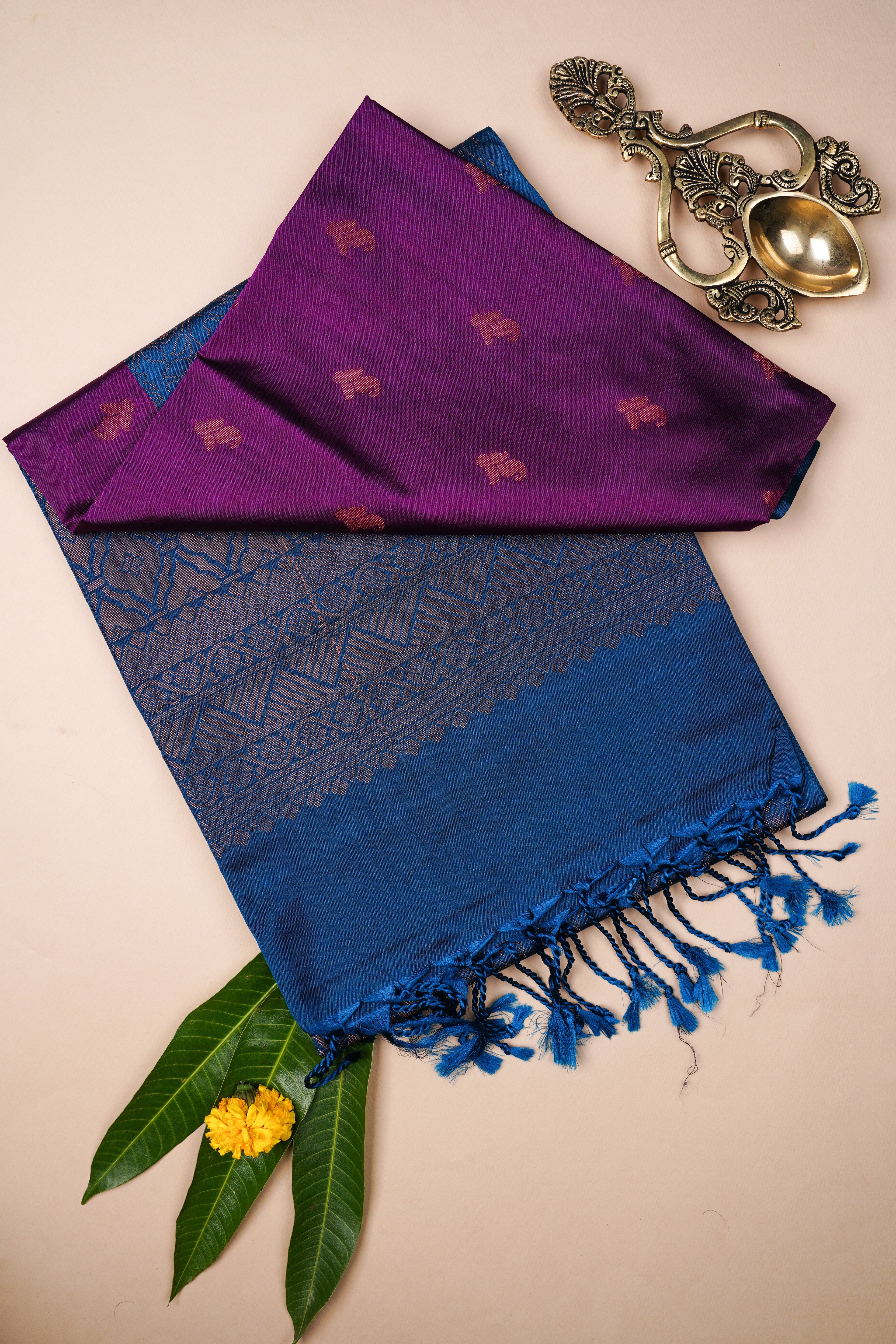 Deep Purple and blue oft silk saree