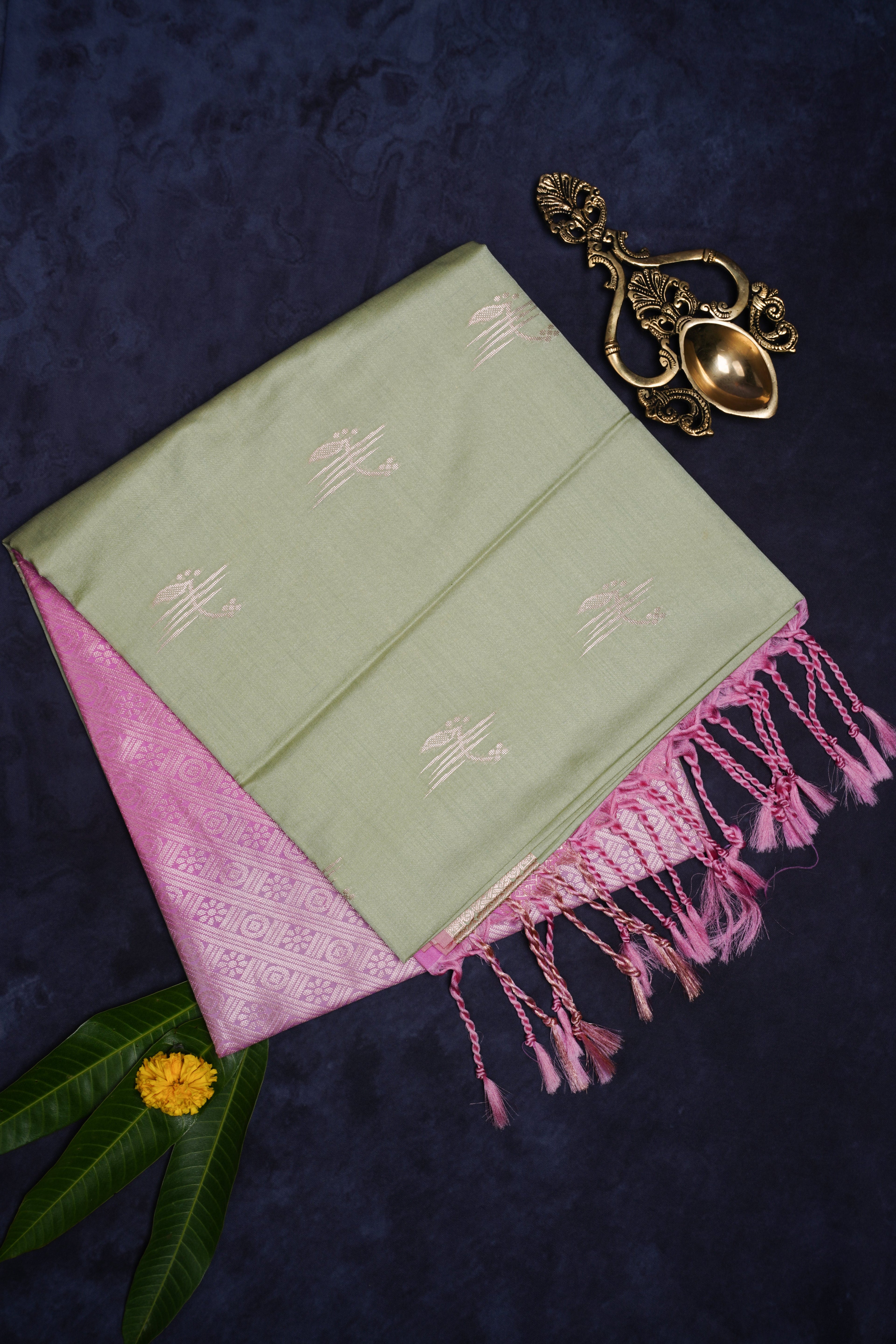 Sage green and pink soft silk saree
