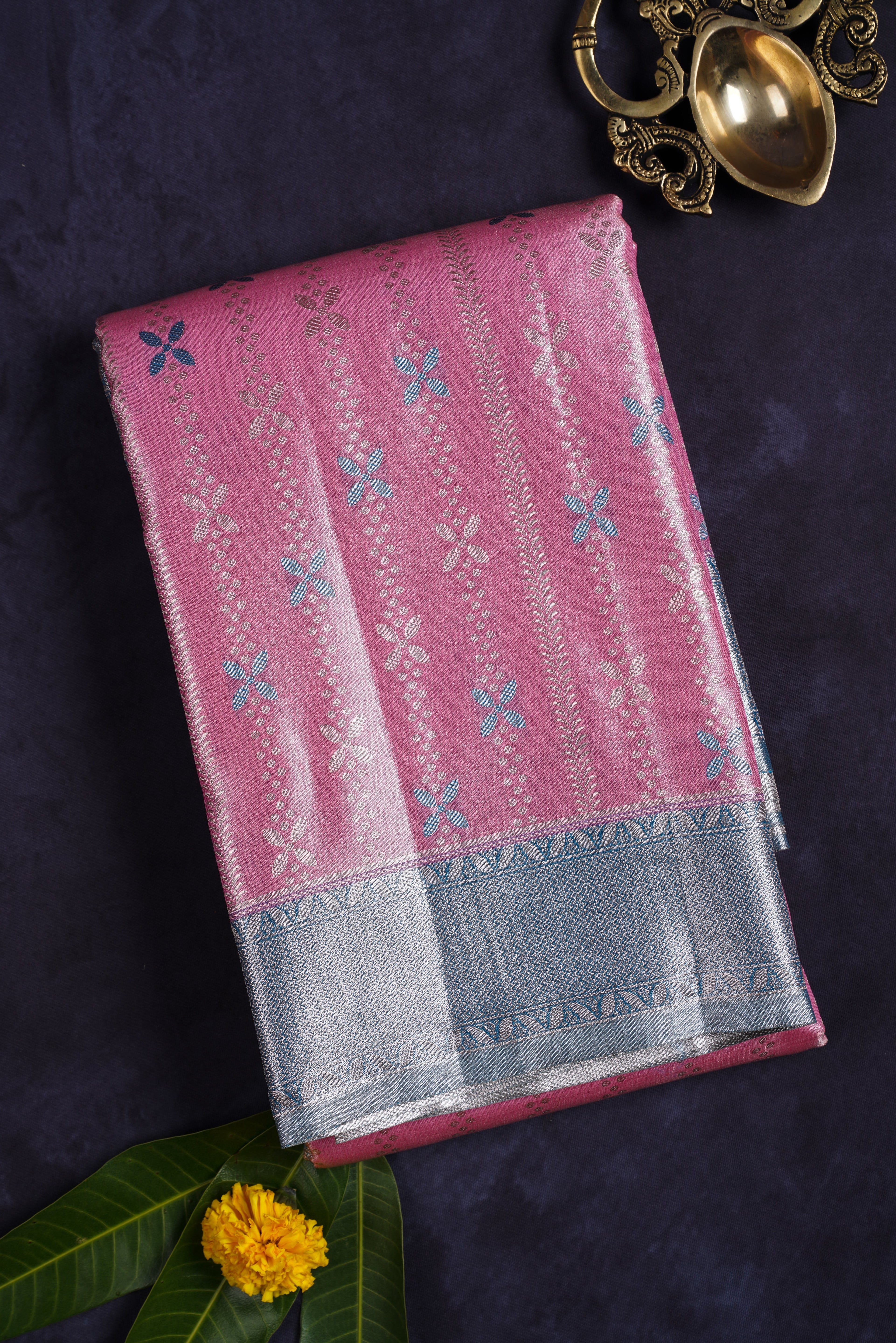 Pink and grey semi kanchi saree