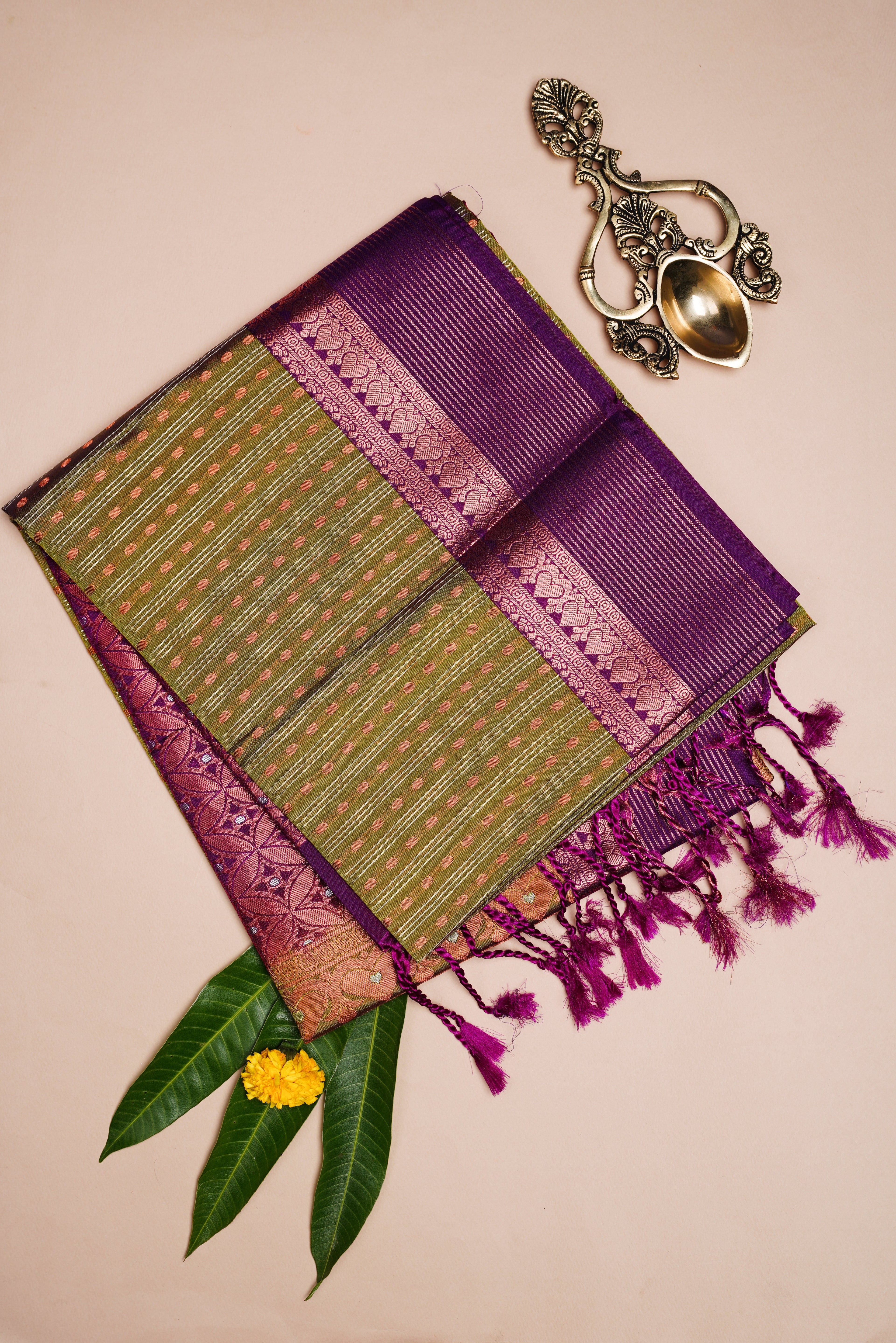 Green and purple striped soft silk saree