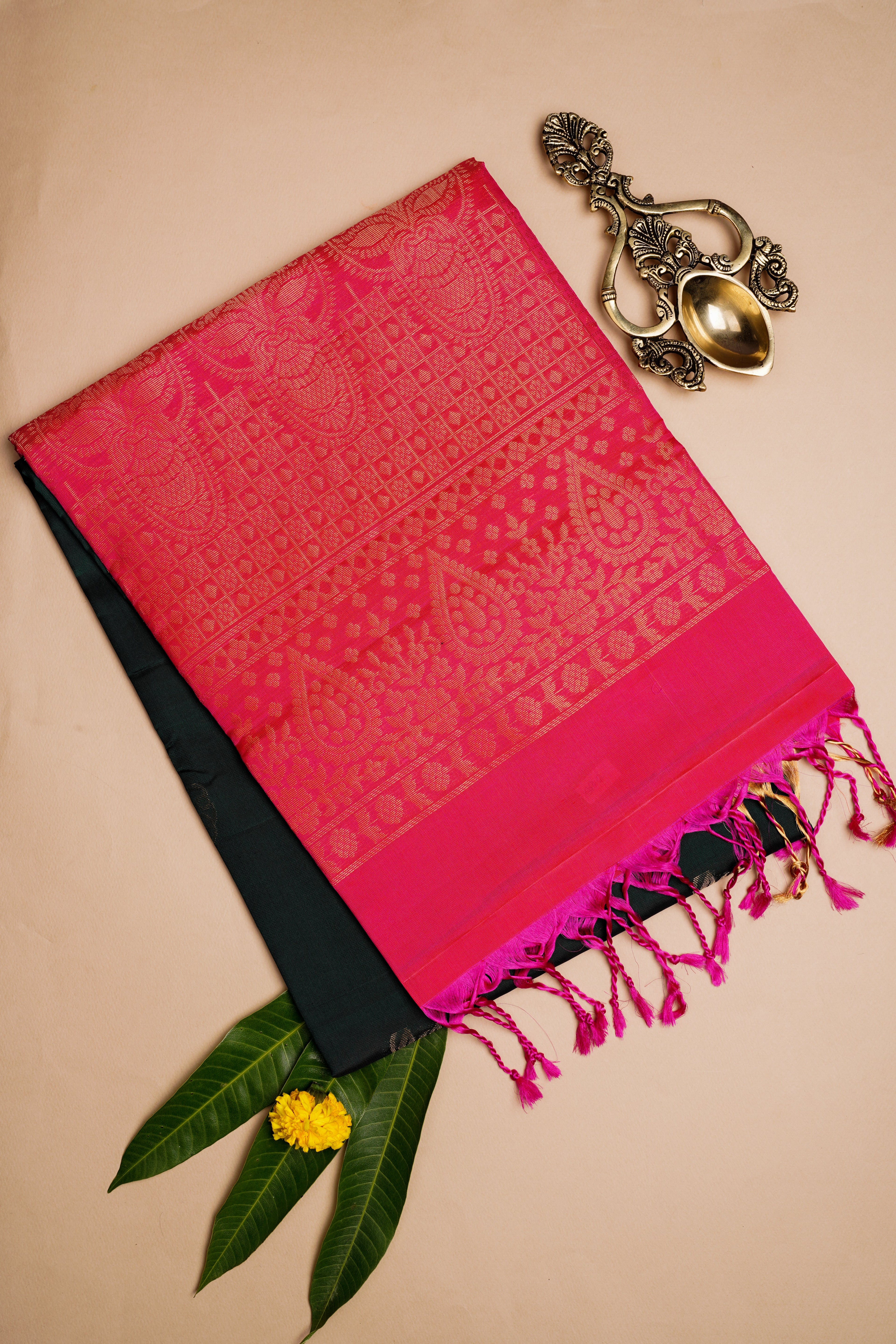 Green and pink pure soft silk saree
