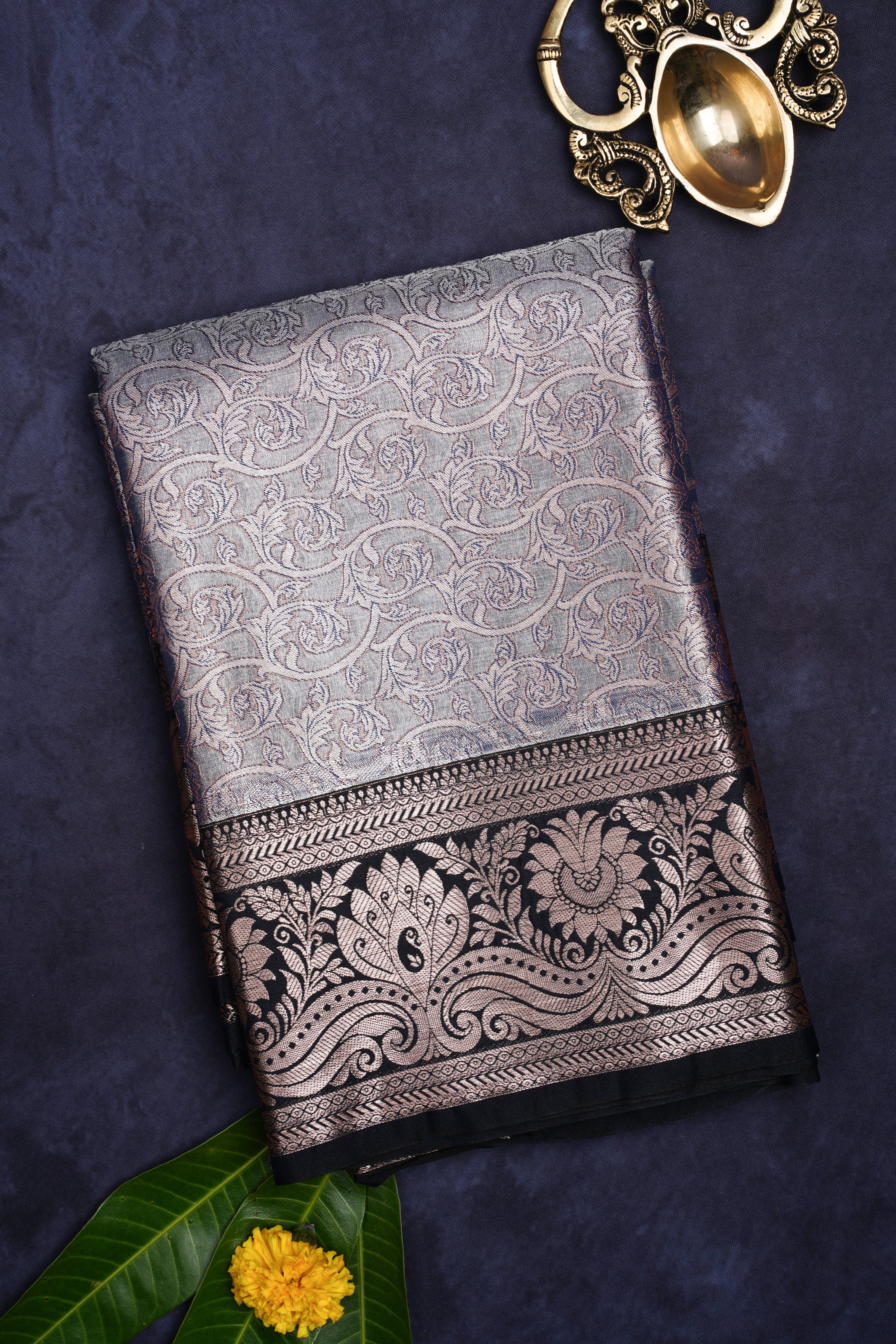 Metallic Grey semi kanchi saree