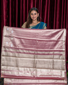 Broad gold zari chevron pallu with pink bands and floral design